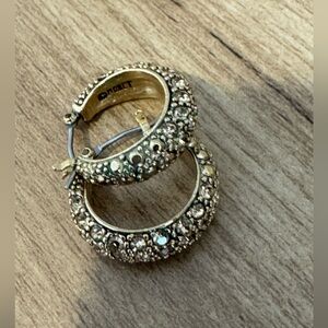 Monet Vintage Estate‎ Gold Textured Pave Rhinestone Demi Hoop Pierced Earrings